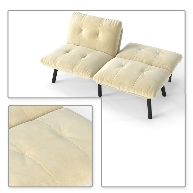 Classic Velvet Upholstered Convertible Futon Sofa Bed with Adjustable Split Backrest, Beige Velvet