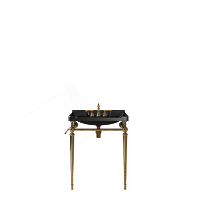 Lavabo console de salle de bain 28 po, meuble-lavabo mural en céramique noire avec 3 trous de robinet pré-percés, pieds de support autoportants en acier inoxydable avec barre à serviettes, sans couvercle ni couvercle de lavabo, couleur or