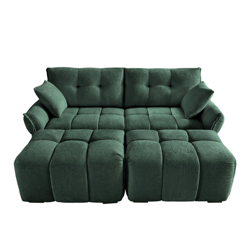 Ensemble de canapé 2 places avec 2 repose-pieds et coussins décoratifs, tissu chenille moelleux, idéal pour le salon, un appartement ou un dortoir, en vert