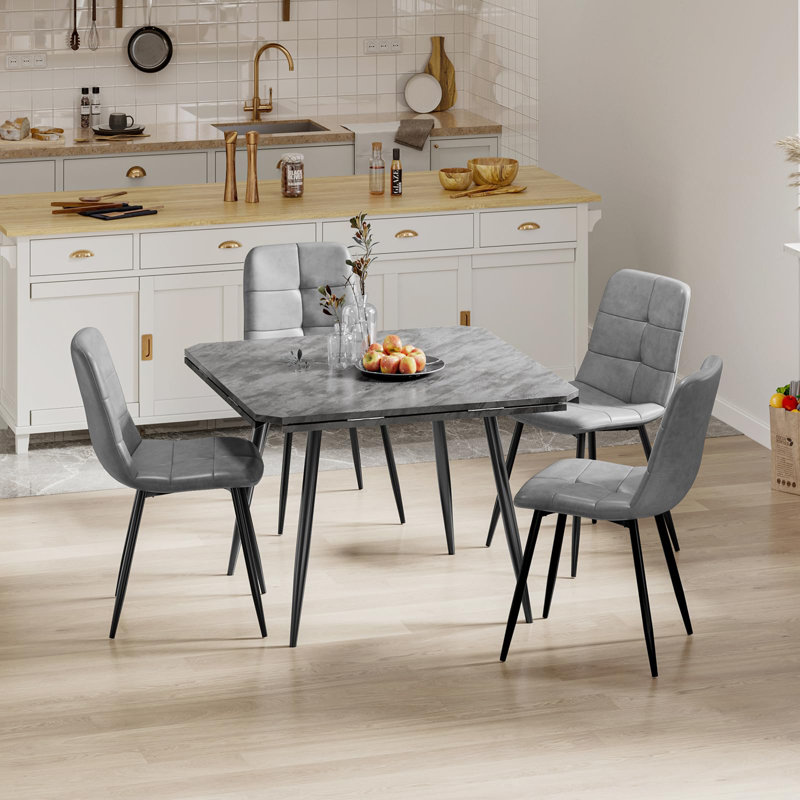 Dining Table And Chairs Set Of 4, Extendable Round Marble Effect Folding Table With Upholstered Tech Fabric Chairs For Dining Room,Kitchen