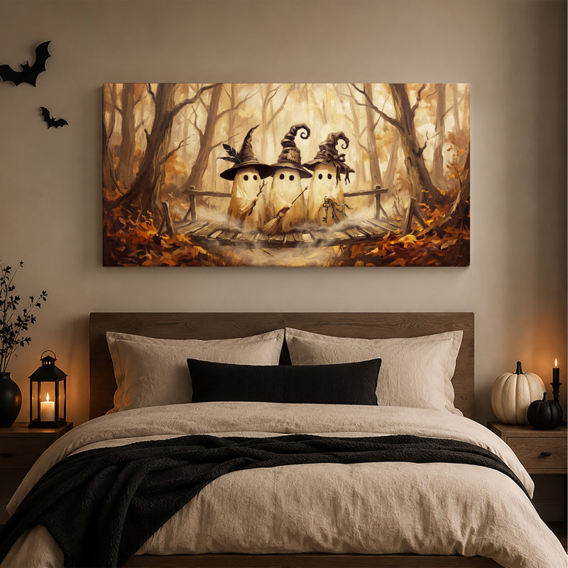 «Three Ghost Witches on Wooden Bridge in Autumn», art mural sur toile, L 20 po x H 10 po