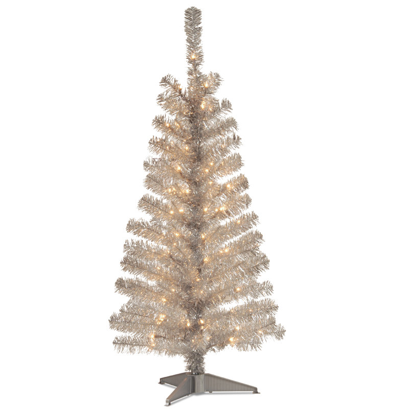 The Holiday Aisle® Silver Tinsel Tree with Clear Lights, 4'