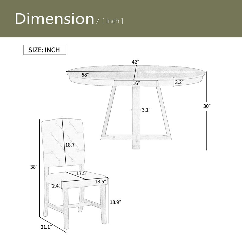Ensemble de salle à manger rétro 5 pièces, table ronde avec rallonge de l 16 po et 4 chaises rembourrées, Naturel
