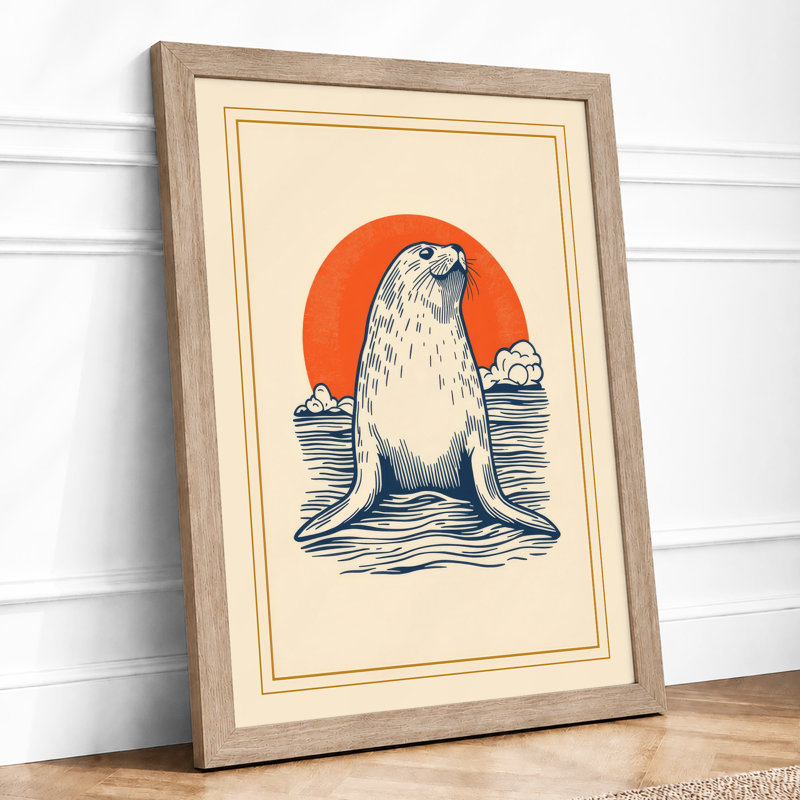 Seal Emerging at Dawn Coastal - Framed Print, A3 - 42.0 x 29.7 cm, Oak