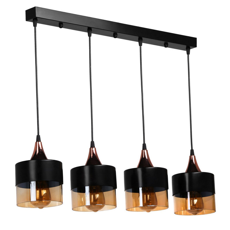 Industrial Scandinavian Chandelier, Black Metal Body, Adjustable Height, 6.3 x 6.3 x 25.6 inches | Copper Coated with Glass Cap, E27 Socket, Max 40W | Perfect for Modern Living Rooms & Dining Areas, Stylish Design