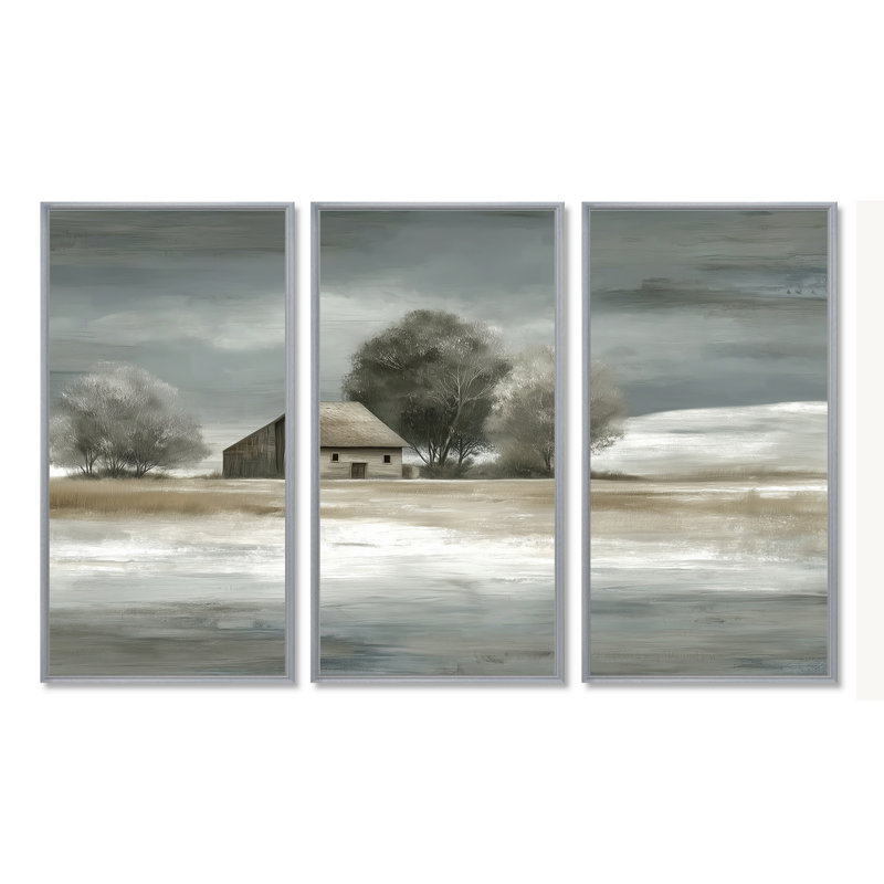Ensemble de décorations murales de ferme grange en blanc, H 40 po x l 60 po, Reproduction avec cadre flottant, Argent argent