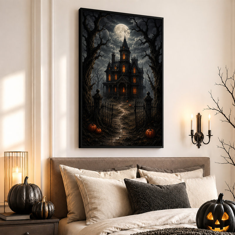 Art mural sur toile Spooky Gothic House Under Full Moon And Pumpkins, H 36 po x l 24 po