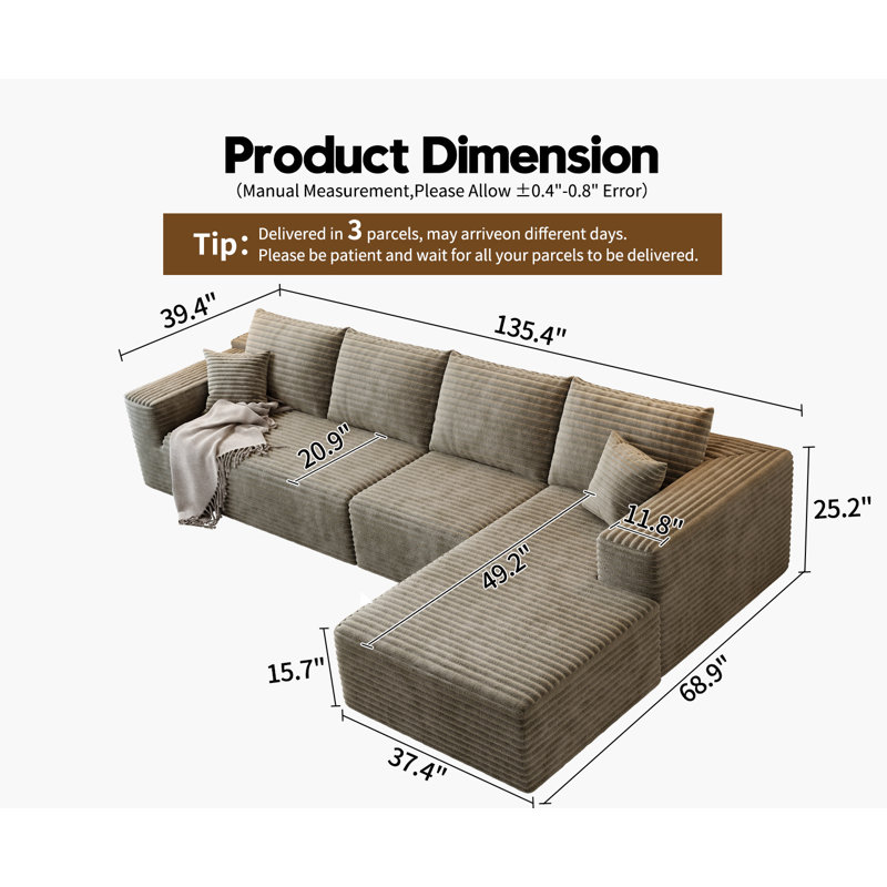 Canapé modulaire 135,4 po Cloud, Orienté à droite, Tissu velours côtelé moelleux Camel