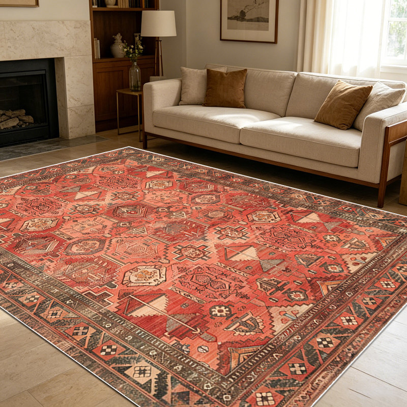 1PC Vintage Terracotta Tribal Geometric Persian area rugs for Living Room, Soft and Comfortable, Suitable for all seasons, easy-to-maintain, machine washable Indoor floor mat, Under Table Farmhouse suitable for dining room, bedroom, home office,