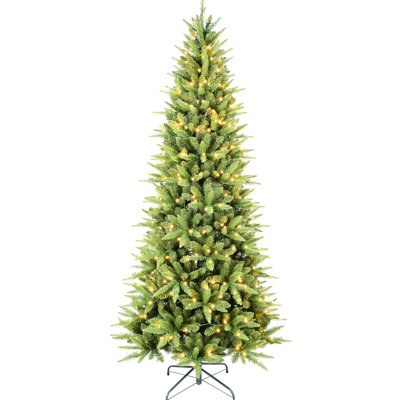 Arbre de Noël mince 11 pi avec 80 lumières à DEL blanc chaud 1180 Pe + Conseils 11 pi avec conception à charnières pour les appartements, assemblage rapide, apparence réaliste