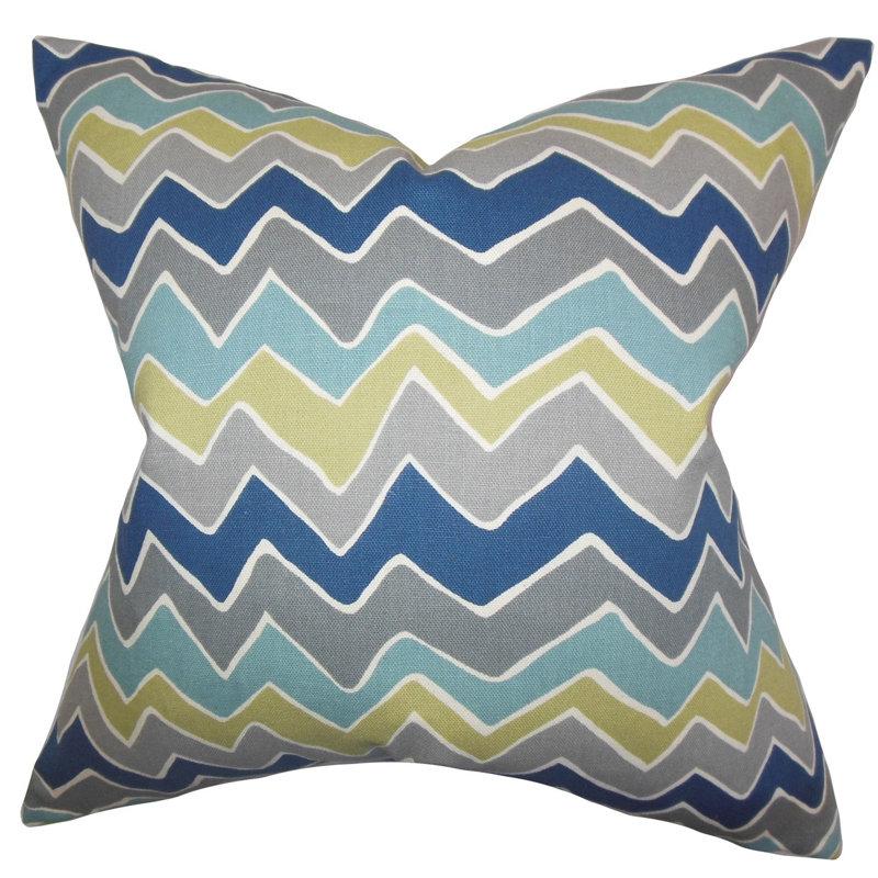 Coussin en coton en zigzag achsah, Bleu-gris, 20 po x 20 po, Polyester / bourre de polyester