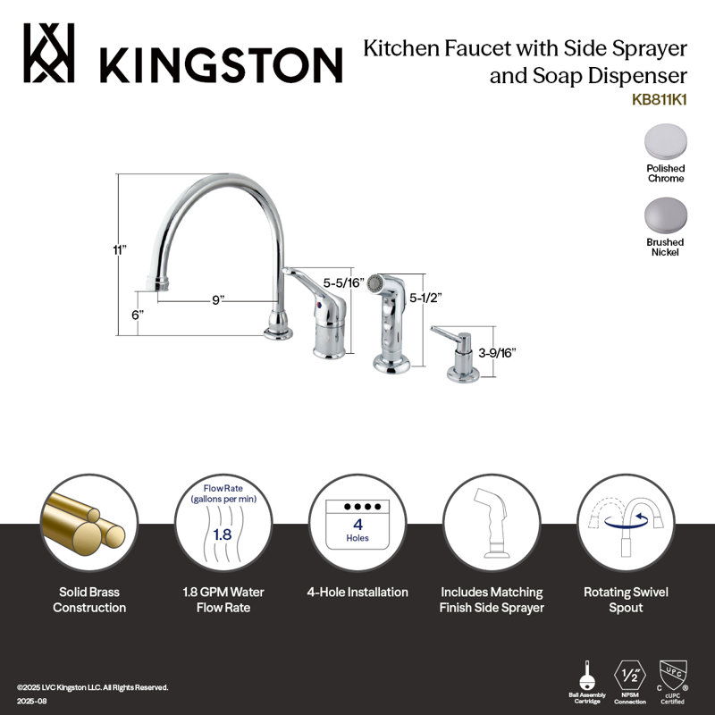 Kingston Brass Wyndham Single-Handle Widespread Kitchen Faucet with Side Sprayer, Polished Chrome, With Soap Dispenser