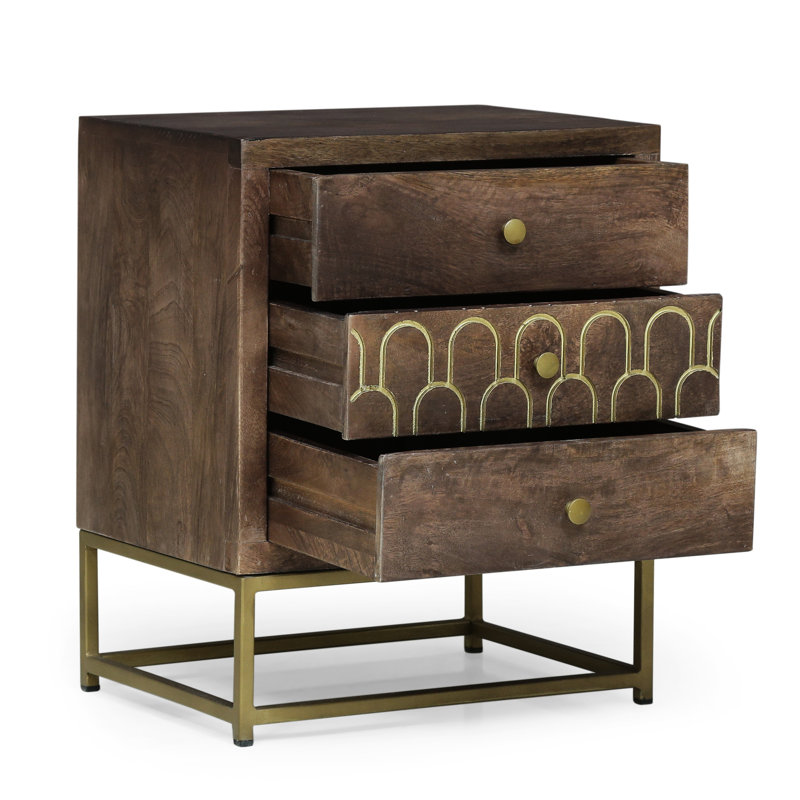 Table de chevet contemporaine en fer avec rangement en bois de manguier et écailles de poisson