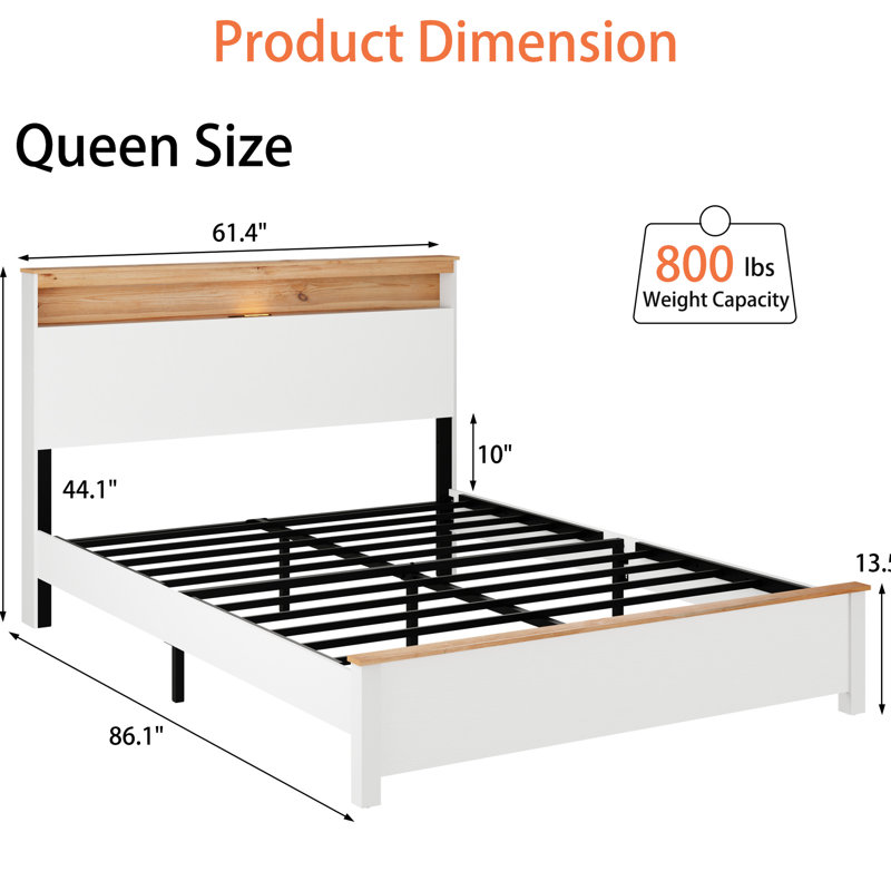 Queen Bed Frame Of American Traditional Design, Antique White, Storage Headboard With Charging, Led, Slats, Under Room For Bedroom, Traditional, Led , Structure, Space