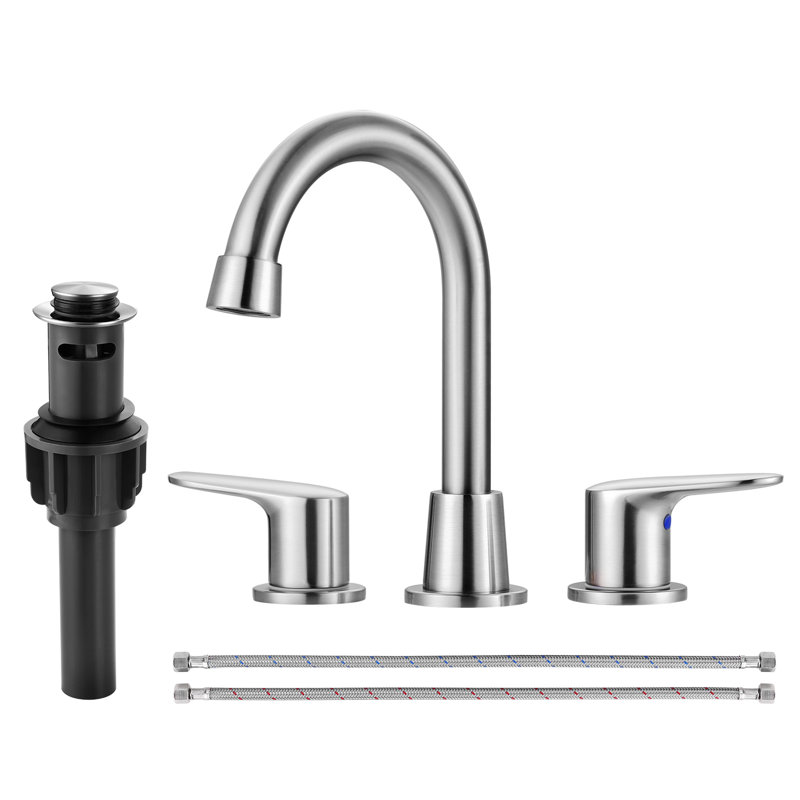8 inch Two Handles Widespread Bathroom Sink Faucet with Drain and Supply Line, Brushed Nickel