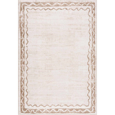 Luders Machine Washable Modern Geometric Bordered Beige Area Rug