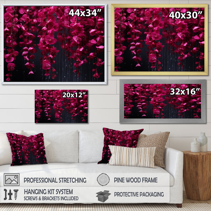 Rose et noir, cascade de fleurs fuschia - art mural sur toile Fuschia, Toile tendue, H 24 po x l 32 po x P 1 po