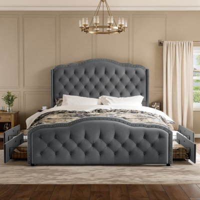  Maber Upholstered Full Bed with 4 Drawers, Storage Platform Bed with 2 Bedside Tables , Velvet Wingback Bed, No Boxing Spring Needed, Grey
