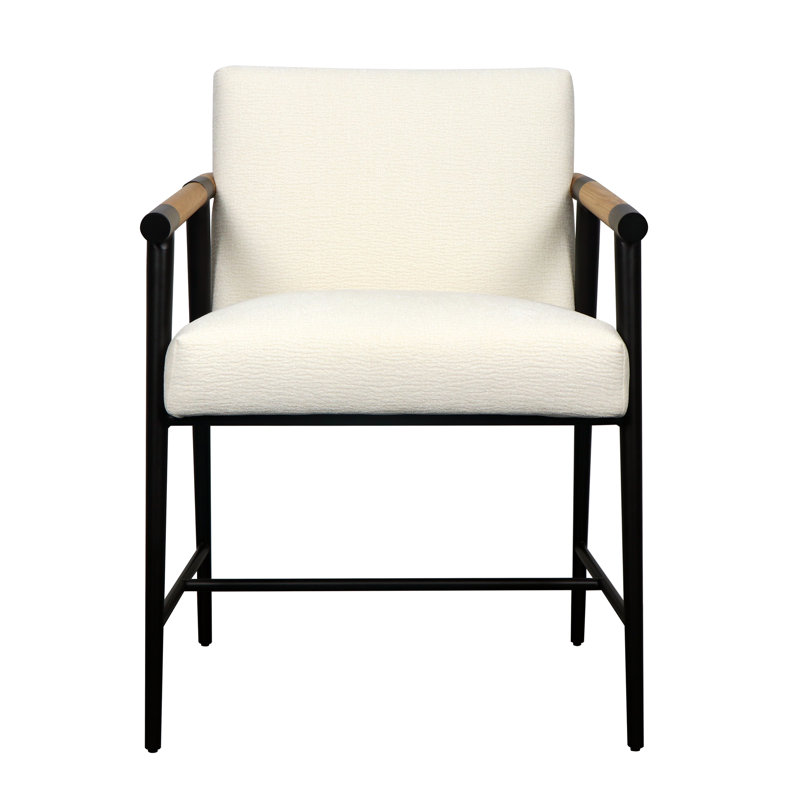 Tabouret de comptoir Griffon - Coussin en lin crème - Structure noire - Accoudoirs en bois naturel