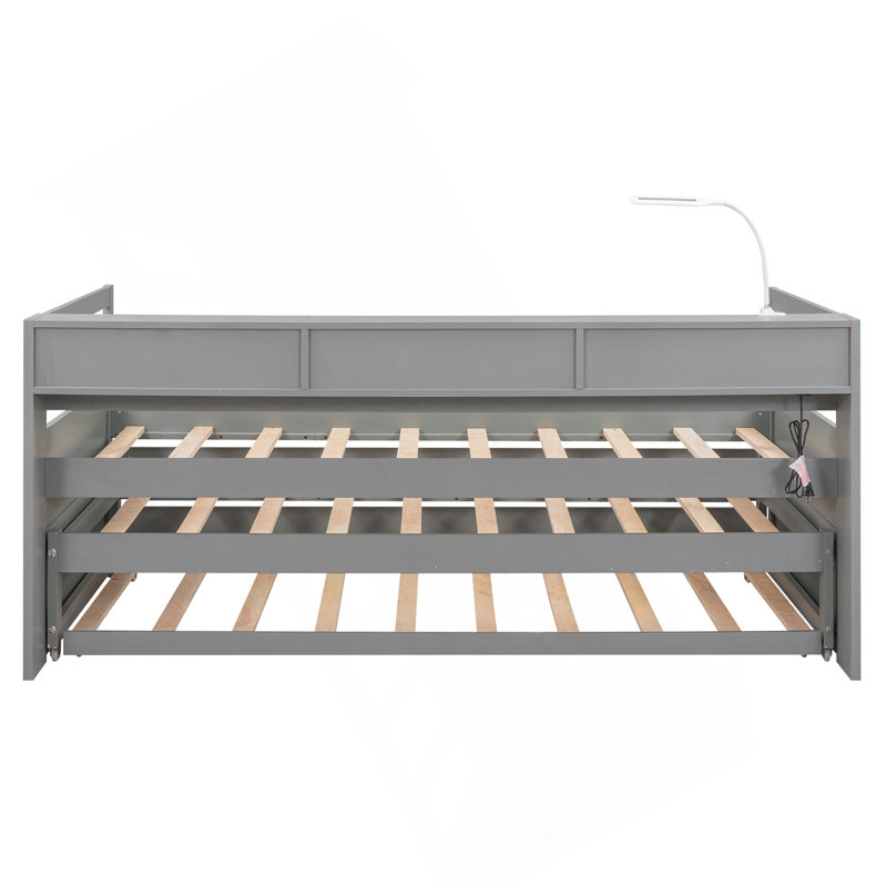 Twin XL Wood Daybed With 2 Trundles, 3 Storage Cubbies, 1 Light For Free And USB Charging Design, Gray