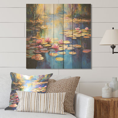 Blue And Green Monets Lake Reflections II - Lake On Wood Print