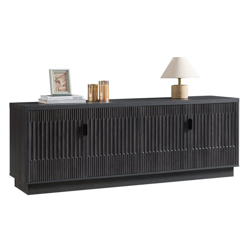 68" Reeded Door TV Stand for TVs up to 78", Modern Media Console with Adjustable Shelves and Cable Management, Black Wood
