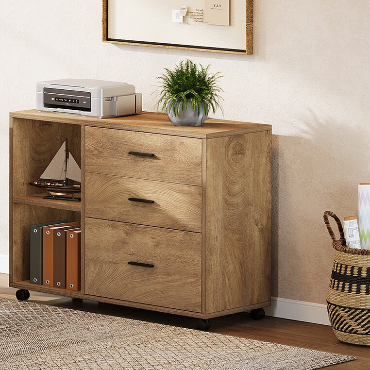 Mobile Lateral File Cabinet with Drawers and Shelves, Rolling Office Storage Cabinet, Brown, Light Brown