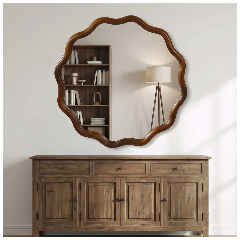 Wavy Round Solid Wood Frame Decorative Mirror, 36 inch, Black + Dark Walnut