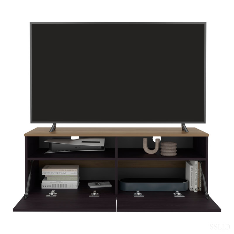 Meuble télé Mesocal avec rangement et porte ouverte, wengé et chêne naturel