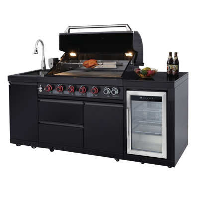 85000 6 - Burner Outdoor Barbecue Island Grill With Stainless Steel Sink, Single Door Storage, And Compact Wine Cooler, Black, American Traditional Style, 304 Marine Grade Stainless, 684 Sq. In.