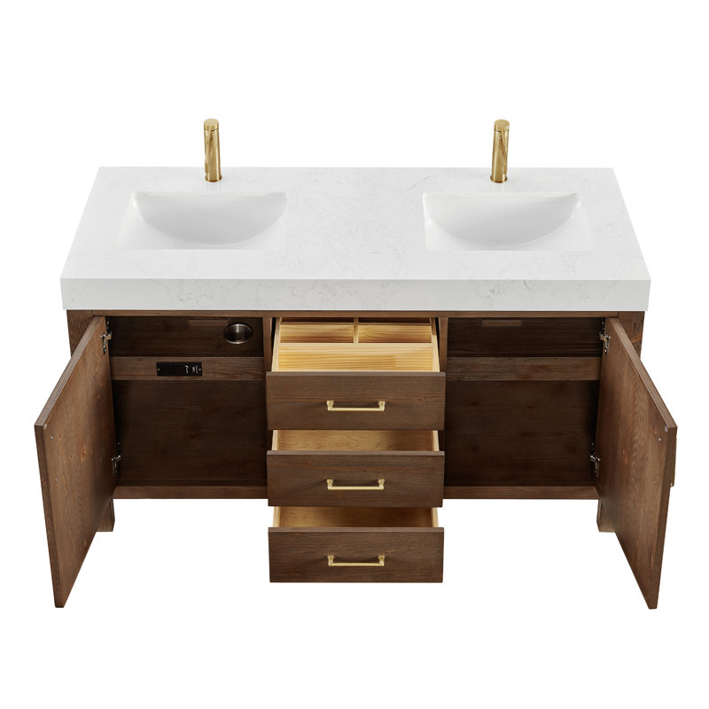 Ensemble de meuble-lavabo double 60 po Yazan, Blanc, Fir Wood Black, Or