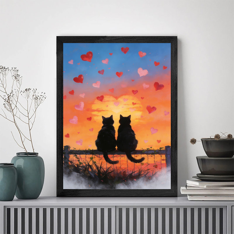 Coucher de soleil rétro encadré noir, Saint-Valentin, impression d'art mural, cadeau pour amoureux des chats de la Saint-Valentin