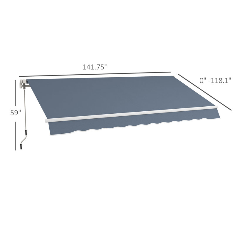 Patio Retractable Awning with Manual Crank, Exterior Sun Shade, 59" H x 141.75" W x 118" D, Gray