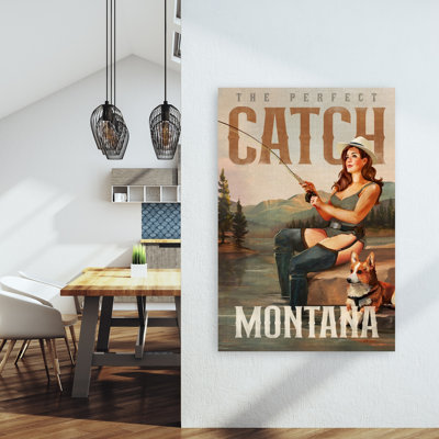 Montana Serenity Retro Vintage Abstract Dog Fly Forest Landscape Wall Art Print 1 Piece Wrapped Canvas Wall Art