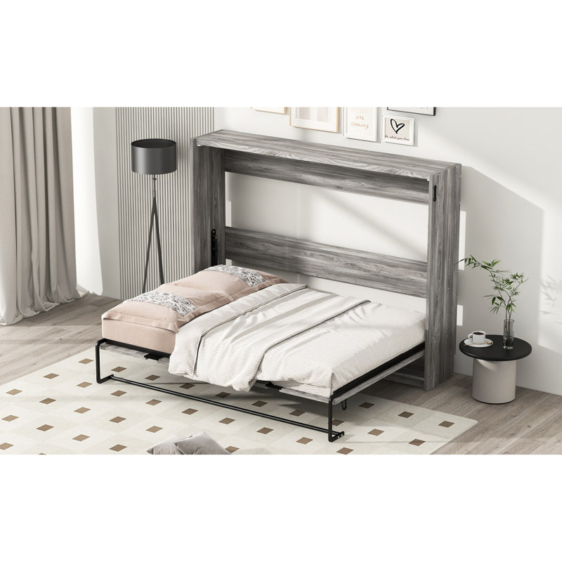 Lit double gris qui peut être plié dans une armoire, espace-cadre, structure en métal et, aucune boîte à ressorts nécessaire, projet d'assemblage facile, pliable facile à gérer pour plus de durabilité, support de lattes de bois