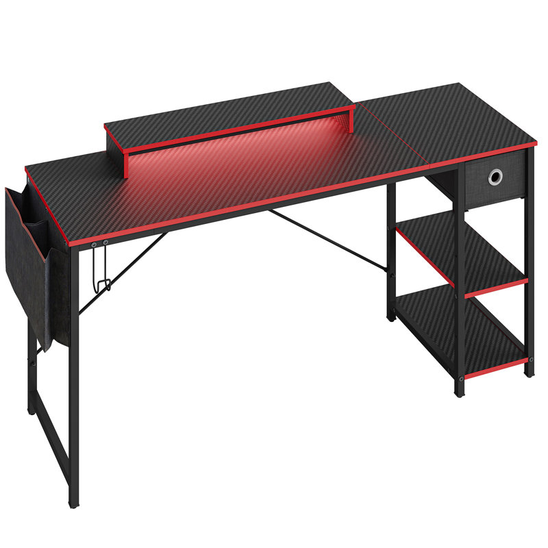 Bureau de jeu 61 pouces avec lumières DEL, support pour moniteur et tiroirs, Noir