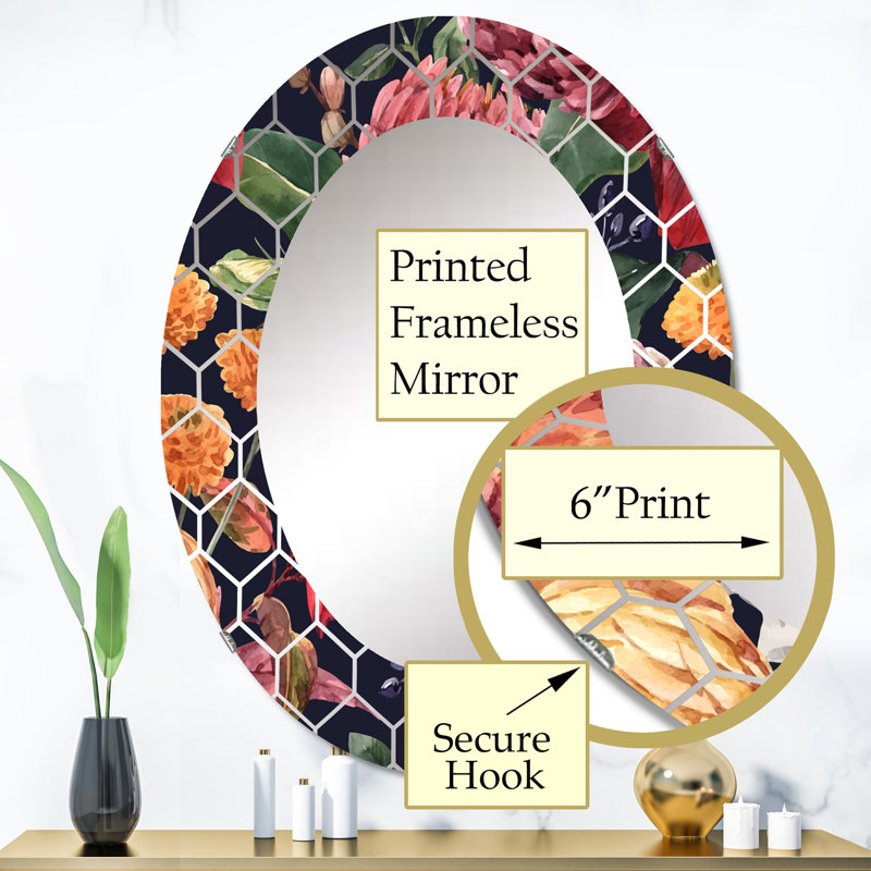 Rétro rouge, orange, jaune, fleurs en fleurs - miroir mural traditionnel, 36 po x 24 po