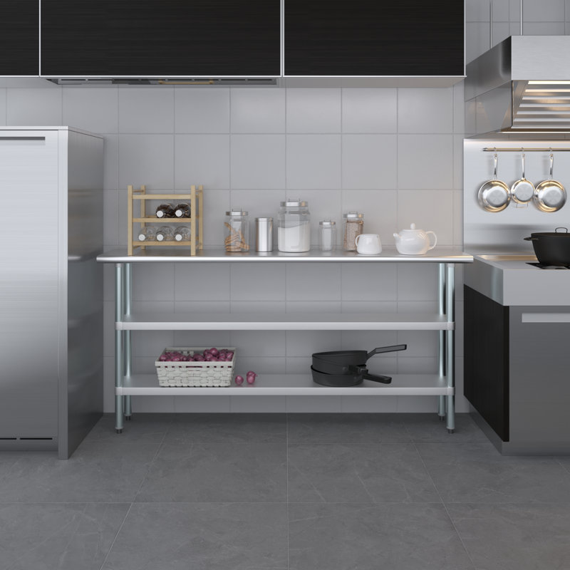 Table de travail en acier inoxydable avec deux tablettes, H 35 po x l 72 po x P 14 po