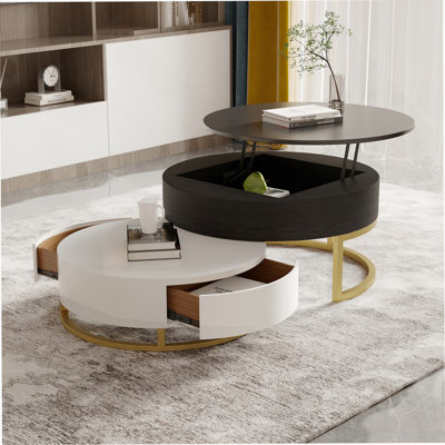 Table basse à plateau relevable rond en bois blanc et noir de 31,5 po et 27,56 po
