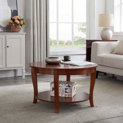 Table basse ronde avec tablette de rangement ouverte, table d'appoint en bois à 2 niveaux