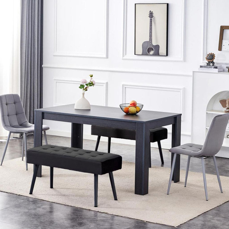 Fairmont Dining Table with 2 Velvet Chairs and 2 Benches, Charcoal, 75cm H x 140cm L x 80cm W