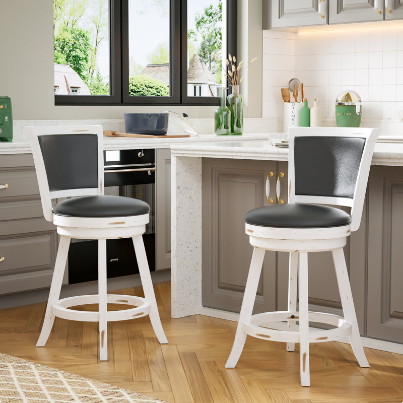 Swivel Upholstered Counter Stool with Solid Wood Frame, Counter Stool (24" Seat Height), Gray Seat/White Base
