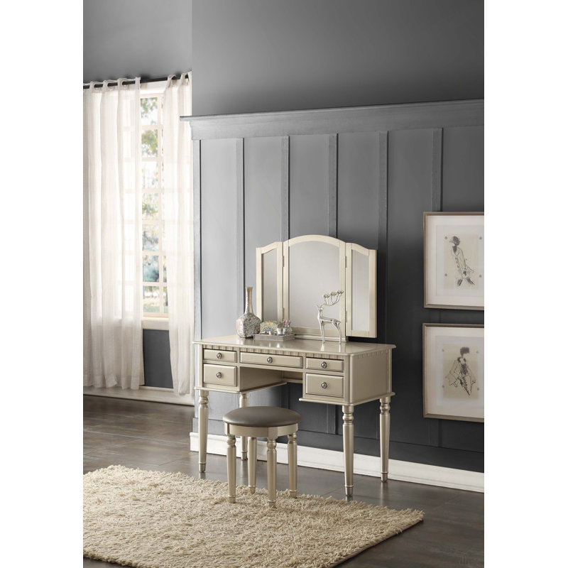 Bedroom Contemporary Vanity Set W Foldable Mirror Stool Drawers, Silver