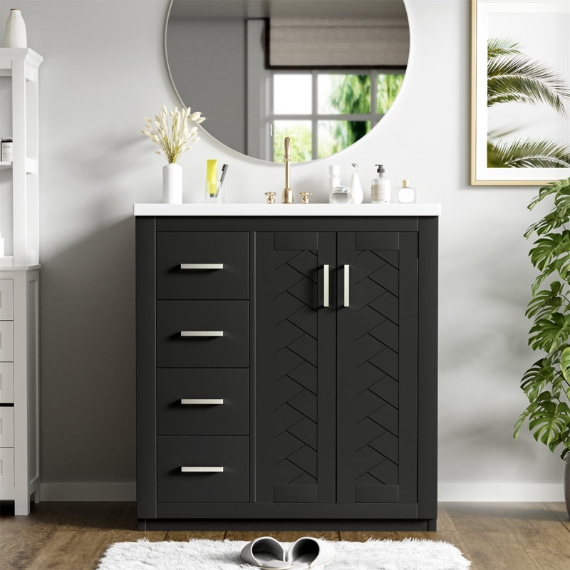 30'' Solid Wood Frame Bathroom Vanity With Ceramic Sink, Ample Storage, And Soft Closing Doors For Modern Bathrooms, Black