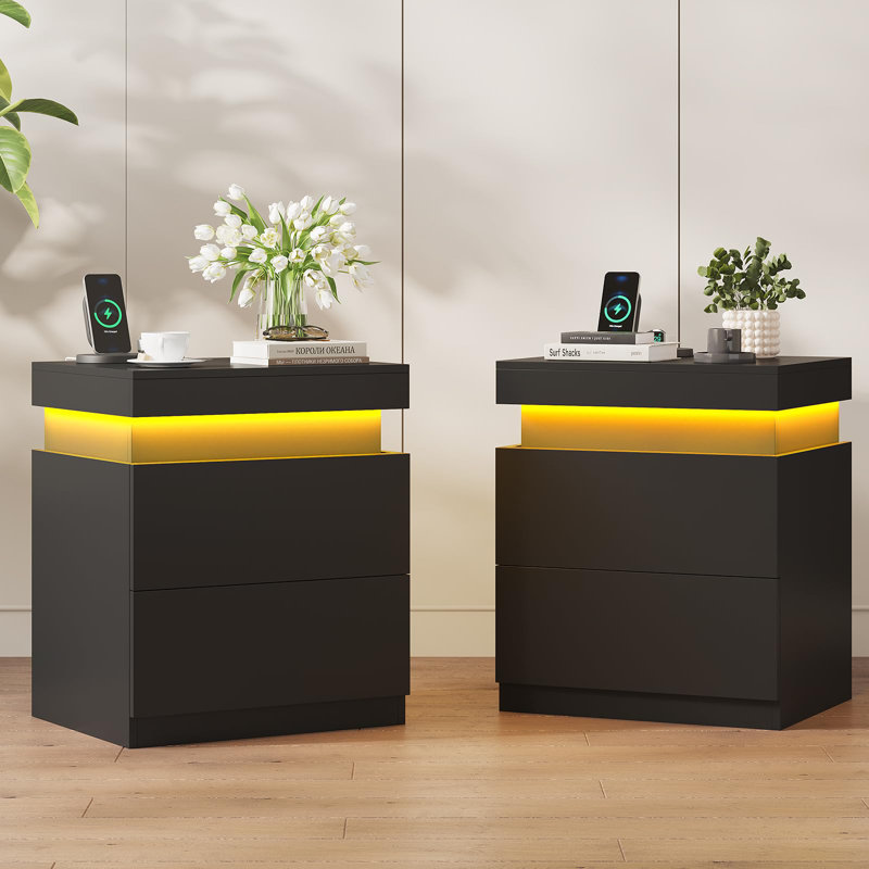 Table de chevet moderne avec 2 tiroirs de rangement, plateau coulissant, table de chevet à DEL pour la chambre à coucher, table de bout avec station de charge et lumières DEL