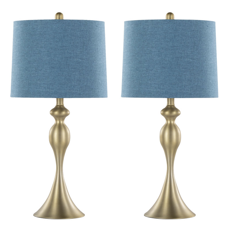 Ensemble de lampes de table en métal 27 po avec abat-jour empire en lin Kateryn, Gold Plated, Moroccan Blue