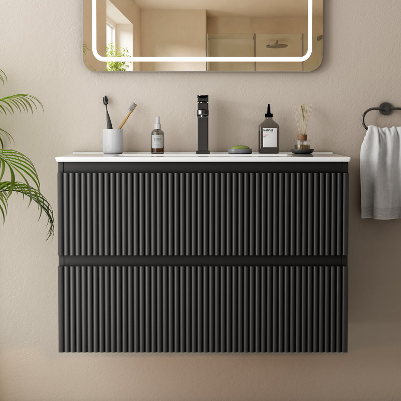 Meuble-lavabo mural simple avec lavabo en céramique et 2 tiroirs, Noir, noir, noir, noir, 31.5