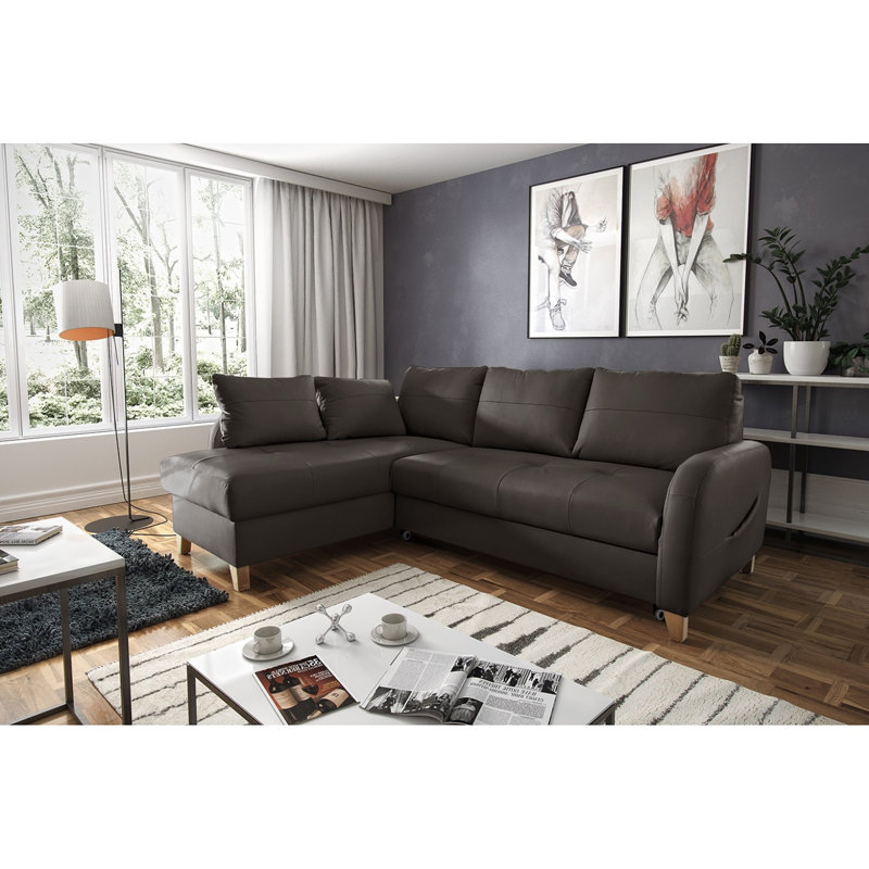 Alvaretta Leather Corner Sofa with Sleeping Function and Underseat Storage , Left Hand Facing, Brown
