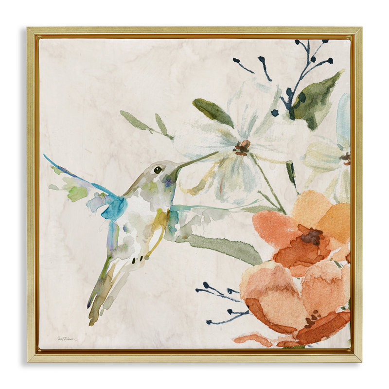 «Soft Florals & Hummingbird Floater», art mural sur toile par Carol Robinson, H 18 po x l 18 po