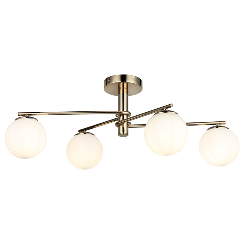Elegant Gold Chandelier, Metal Body, 15 x 15 x 1.2 inches | Glass Cap, Total Height: 12.6 inches | 4 x E27 Socket (Max 40W, Bulb Not Included) | Perfect for Living Room & Dining Spaces, Stylish & Durable Design